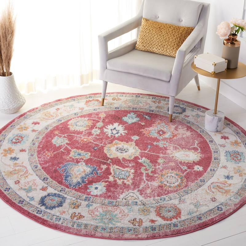 SAFAVIEH Phoenix Cyntha Oriental Distressed Rug - 6'7" Round - Red