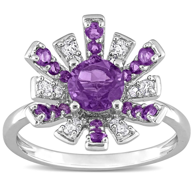 Miadora African Amethyst and White Topaz Floral Cluster Ring in Sterling Silver