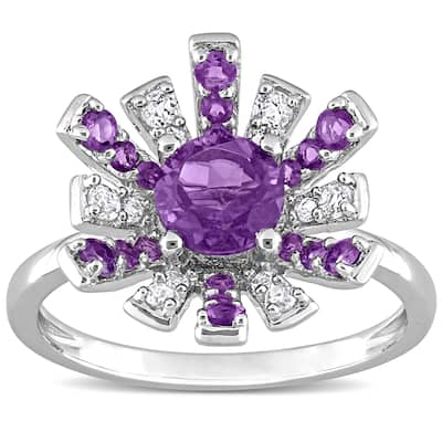 Miadora African Amethyst and White Topaz Floral Cluster Ring in Sterling Silver