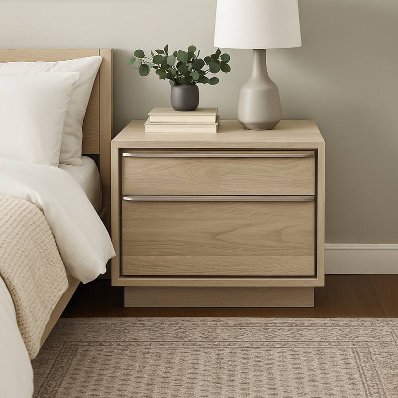 30 Inch Nightstand 2 Drawers Elongated Metal Handles Brown Wood