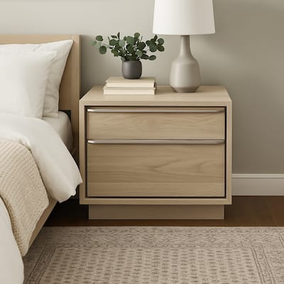 30 Inch Nightstand 2 Drawers Elongated Metal Handles Brown Wood
