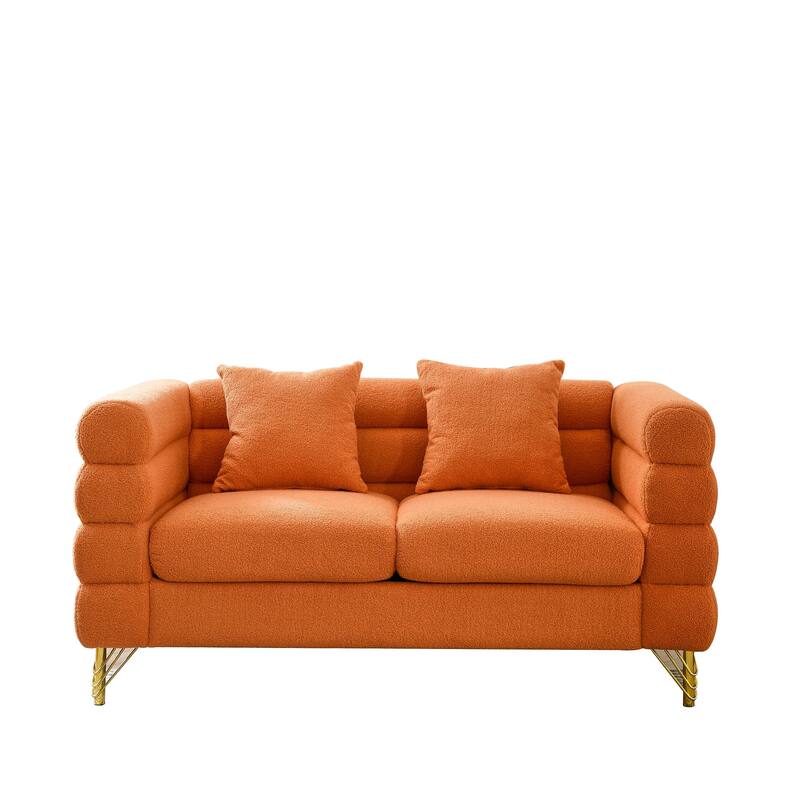 Oversized Loveseat Sofa with 2 Lumbar Pillows, Teddy Fabric Upholstered 2 Seater Sofa, Lounge Sofa with Metal Legs