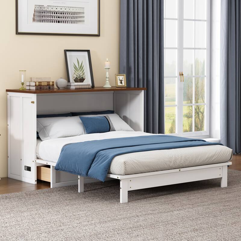 Queen Size Solid Pine Murphy Bed with Charging Station & Storage Drawer - White+Walnut - Queen