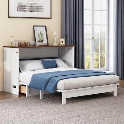 Solid Pine Murphy Bed Chest with Charging Station and Large Storage Drawer