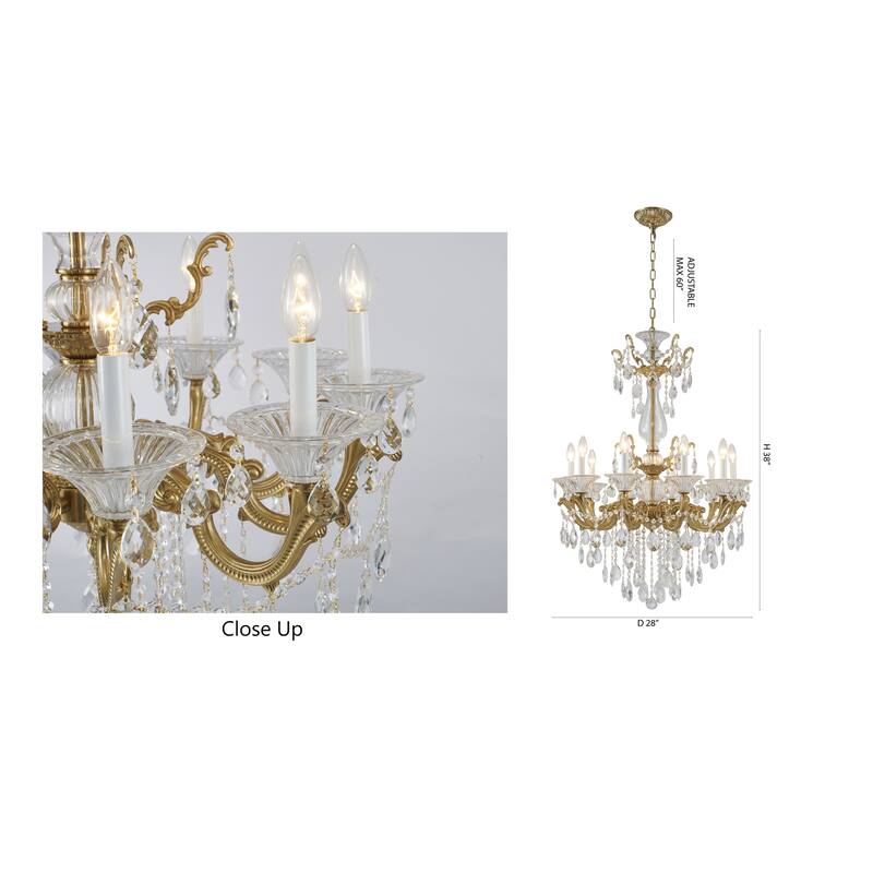 10-Light Satin Brass Metal Chandelier With Clear Hanging Crystals