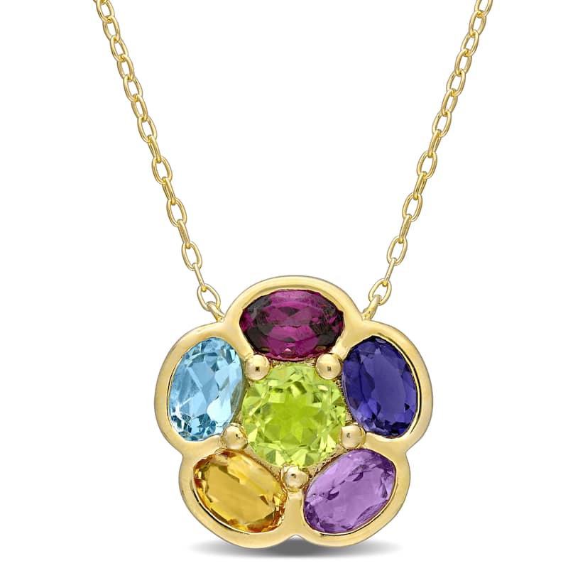 Miadora Yellow Plated Sterling Silver Multi- Gemstone Flower Necklace