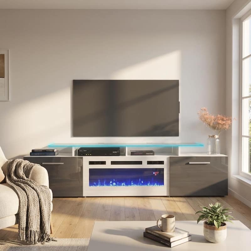 Meble Furniture Rova WH-EF Electric Fireplace 75" TV Stand and High Gloss Finish for up to 85" TVs
