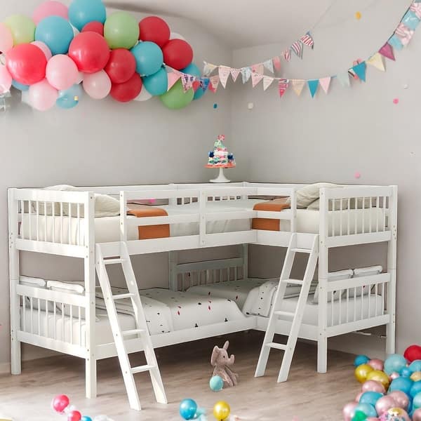 slide 2 of 10, Twin Size Bunk Bed with Ladder, Two L-Shaped Beds, White White