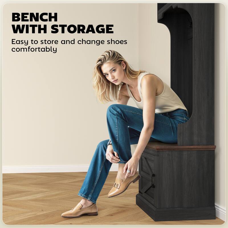 Multi-Functional Hall Tree with Bench Coat Rack Shoe Storage and Top Storage Compartments - 23.1" W x 15.7" D x 70.9" H