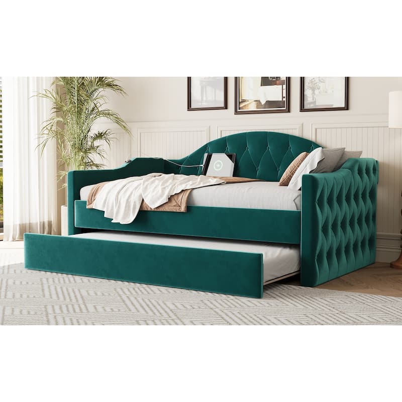 Tufted Upholstered Frame Daybed Velvet Sofa Bed with USB and Type-C Charging Ports, Twin Platform Low Profile Bed with Trundle