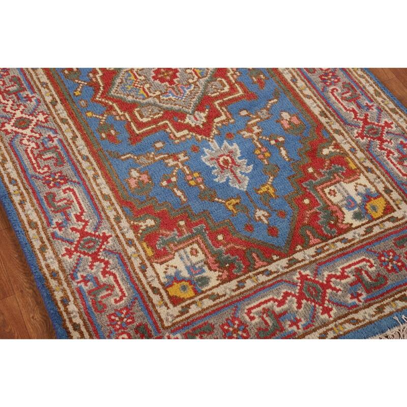 Light Blue Geometric Heriz Serapi Indian Rug Handmade Wool Carpet - 3'0" X 5'0"