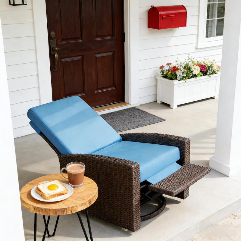 GDFStudio Outdoor Swivel Rattan Recliner with Cushions