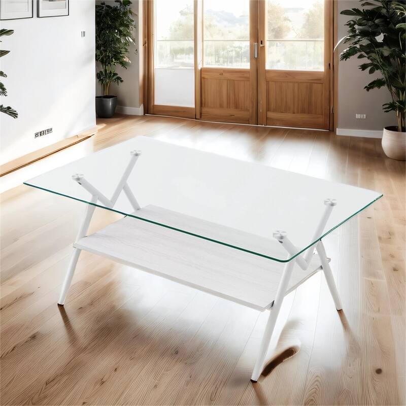 Modern Rectangle Coffee Table with Tempered Glass top and Metal Legs