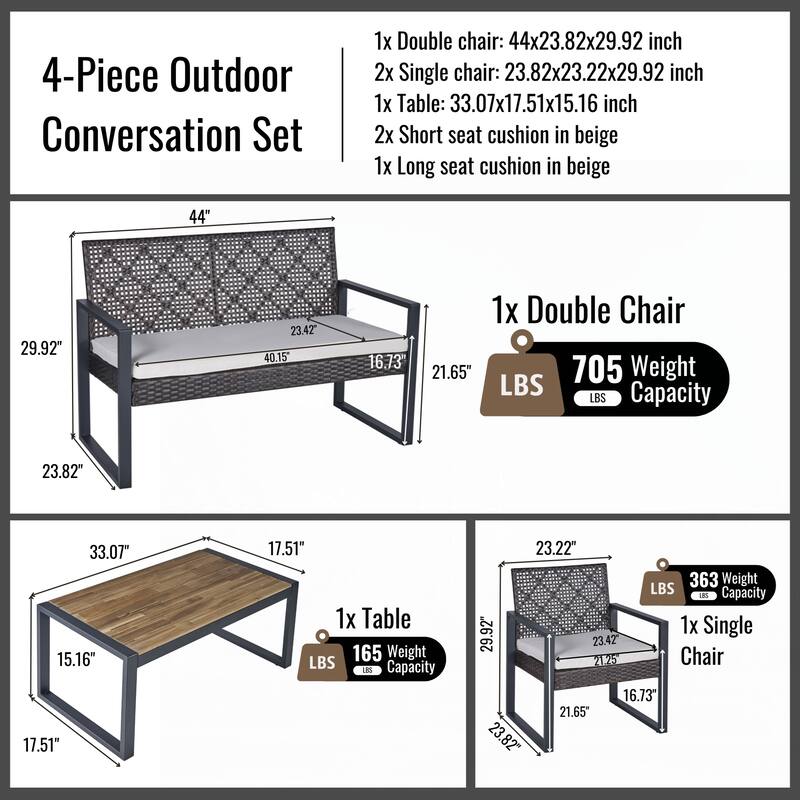 4-Piece Acacia Wood Patio Furniture Set,Brown and Beige