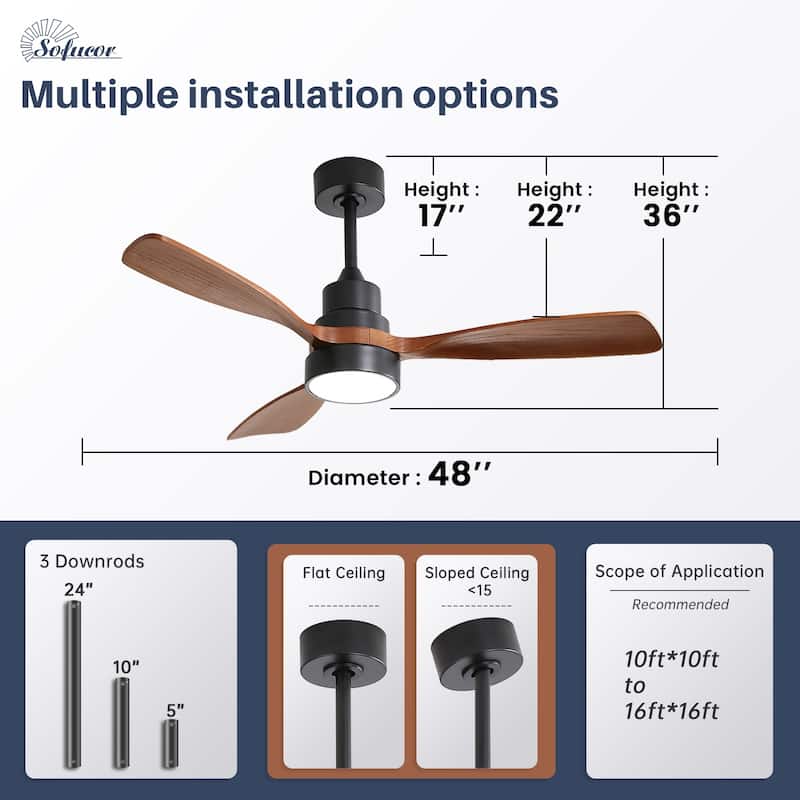 Sofucor 48 Inch Ceiling Fan with Light and Remote,Solid Wood Blades Low Profile,Smart Optional Work with Alexa/Google/App