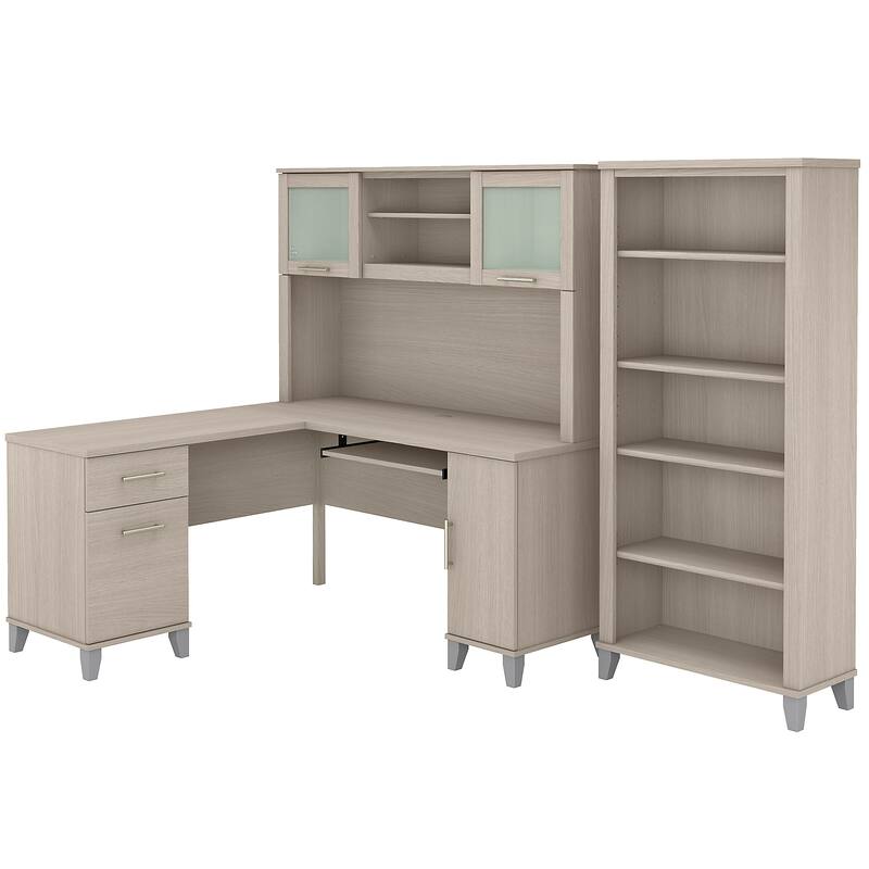 Somerset 60W L Shaped Desk with Hutch and 5 Shelf Bookcase in Ash Gray
