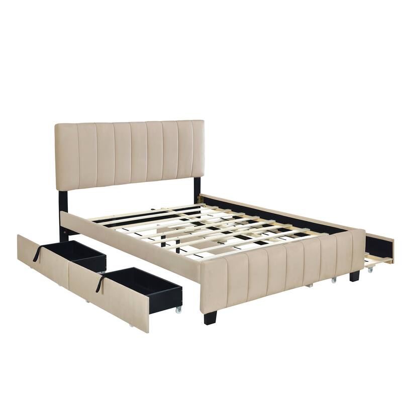 Elegant Queen Velvet Platform Bed with Storage Drawers & Trundle for Extra Space