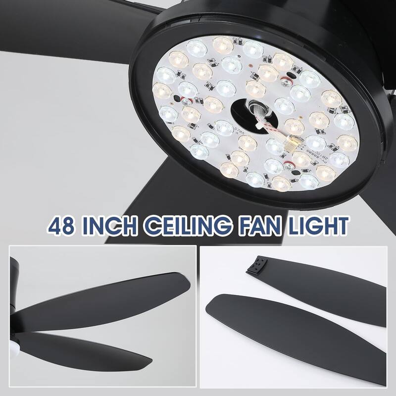 36"/42"/48" Low Profile Ceiling Fan with ABS Blades 3 Color LED Flush Mount for Bedroom Living Room APP and Remote Control