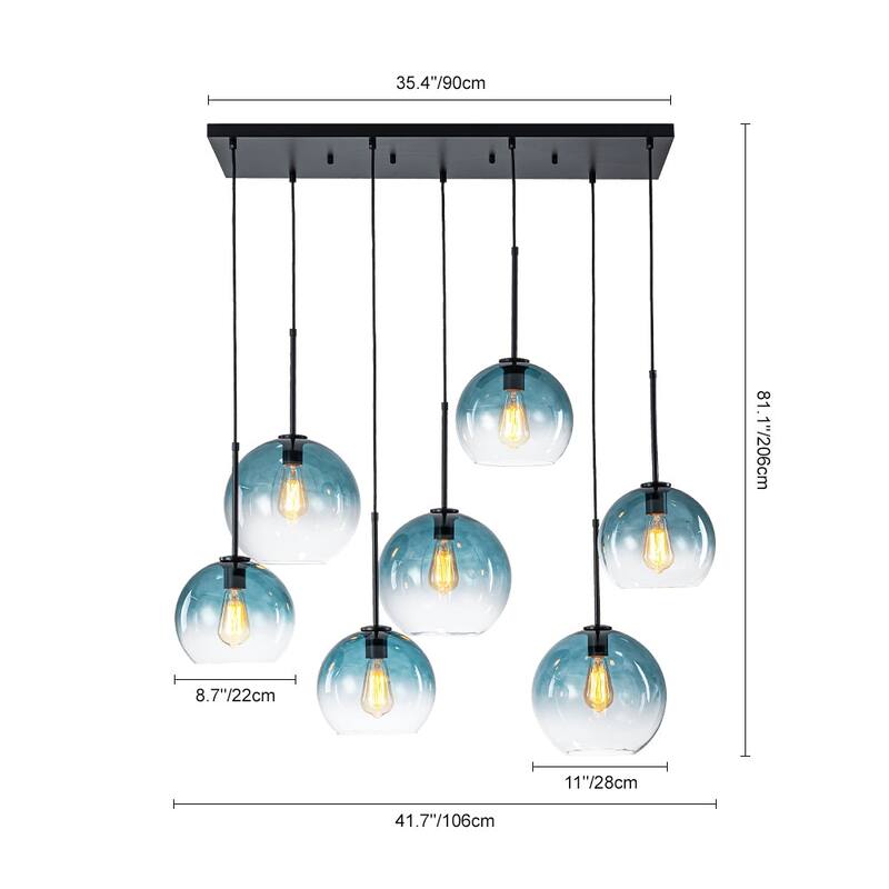 Glam 7-Light Tinted Gradual Blue Glass Globe Kitchen Island Chandelier