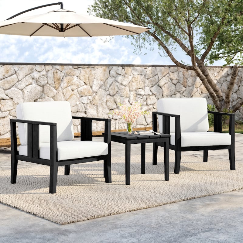 Teak Wood Upholstery Water-resistant Outdoor Armchair and Side Table Set (Set of 3) - Black frame - Beige/Black