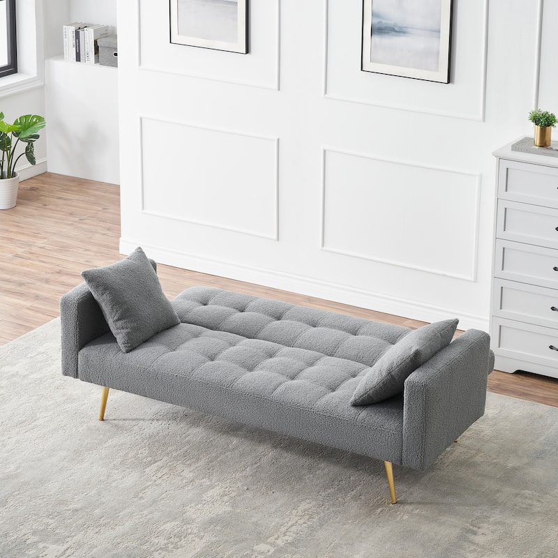 Folding Couch Teddy Fleece Sleeper Sofa Bed with Pillows and Metal Leg