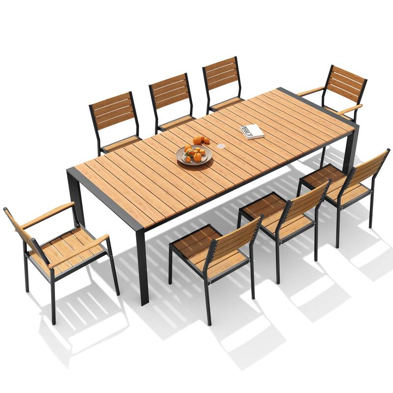 9-Piece Outdoor Patio Dining Set Wood Like Table Top Aluminum Rectangular Umbrella Hole Table with Stackable Dining Chairs