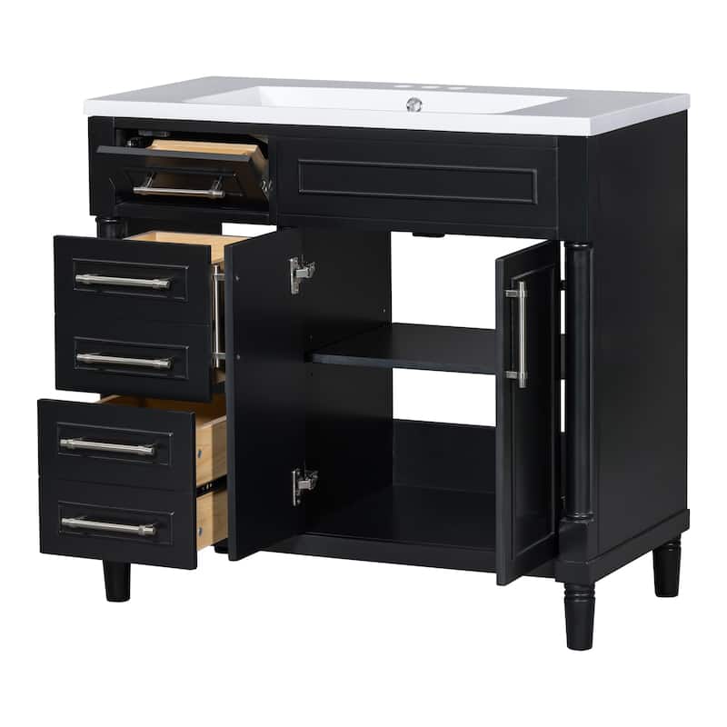 Roomfitters 36" Vanity with Resin Sink, Cabinet with 2 Drawers and Tip-out Tray, Solid Wood Freestanding Unit, Adjustable Shelf