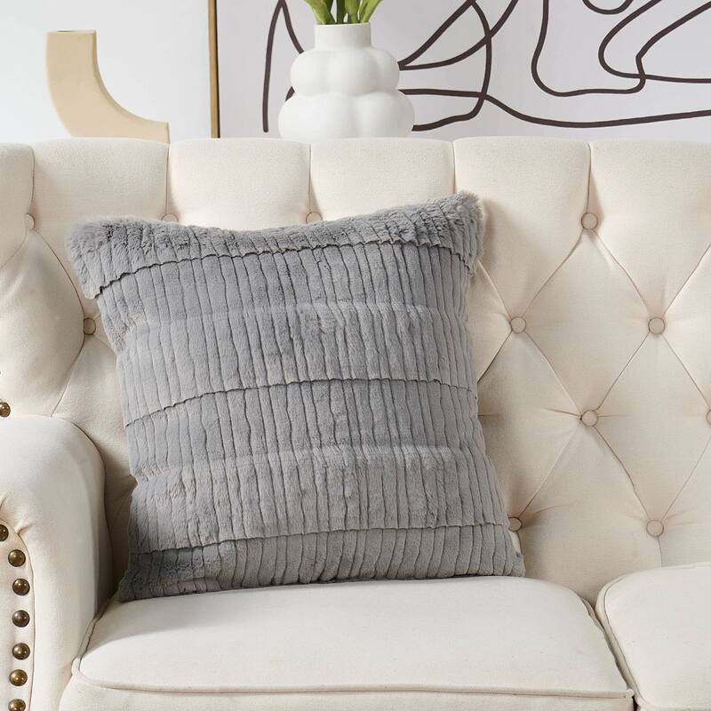 1 Pc Sculpted Stripe FauxFur Pillow Shell Decorative Cushion Cover - 20" x 20" - Grey