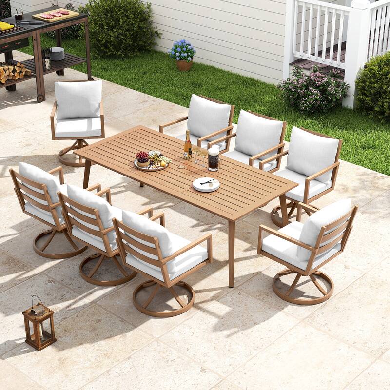 Riviera 9-Piece Brown Aluminum Patio Dining Set with Rectangular Table, 8 Swivel Dining Chairs and Light Gray Cushions