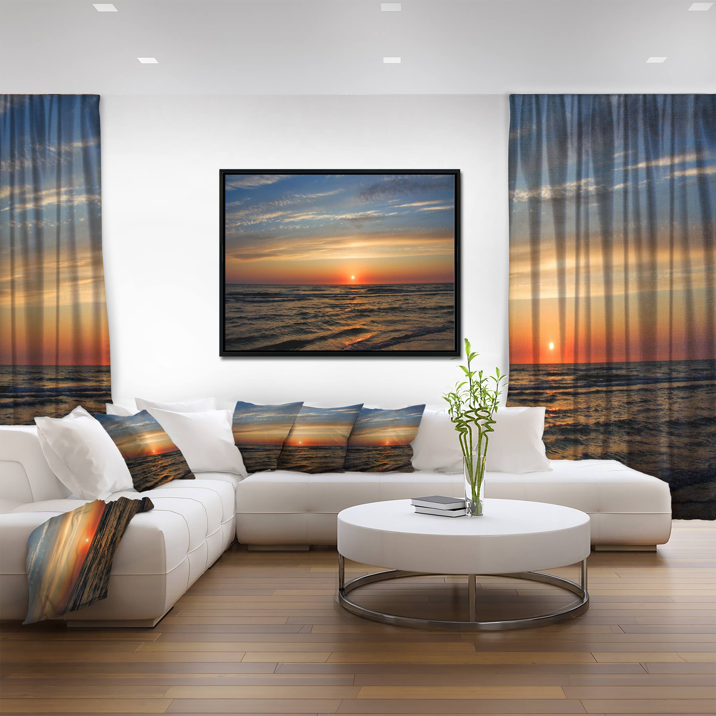 Designart "Red Sunset with Dark Ocean Waves" Seascape Framed Canvas Art