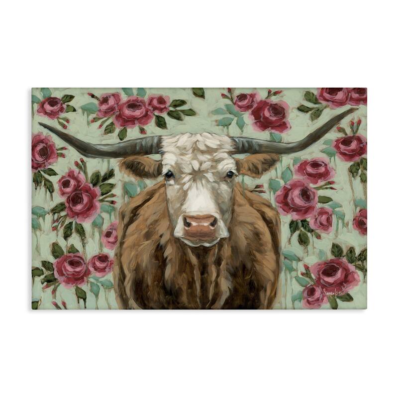Stupell Longhorn with Magenta Blooms Canvas Wall Art Design By Sara G. Designs - 36 x 24