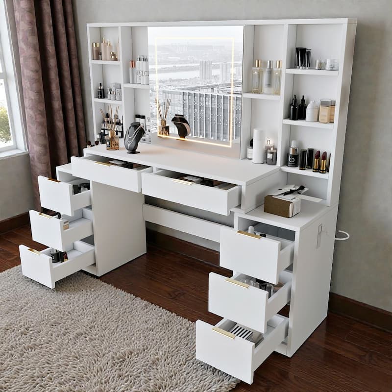 59" Makeup Vanity Desk with Mirror and LED Lights, White Dressing Table with 8 Drawers and Open Storage