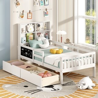 Twin/Full Size Bed Frame with 2 Drawers and Bookcase for Boys and Girls
