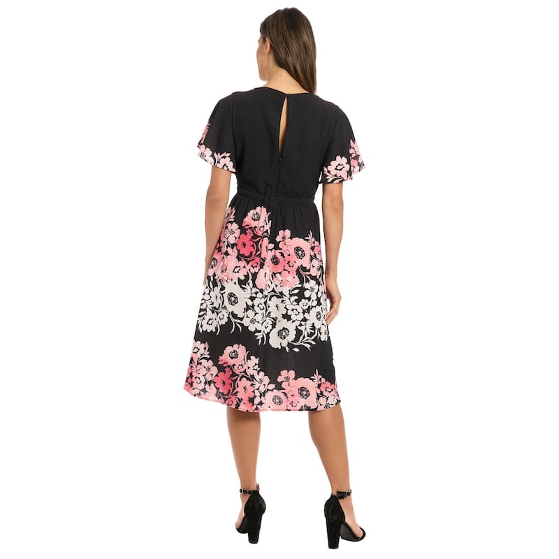 London Times Women's Flutter Sleeve V-Neck Smocked Waist Midi Dress