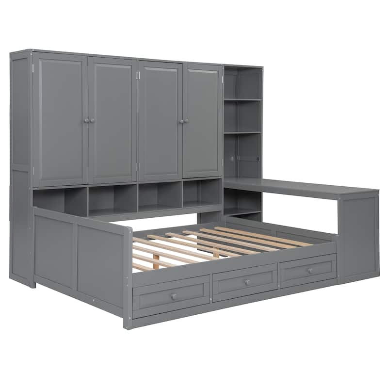Full or Twin Size Wooden Daybed - 3 Drawers + All-in-One Cabinet, Desk & Shelves, Multi-Functional Furniture Piece