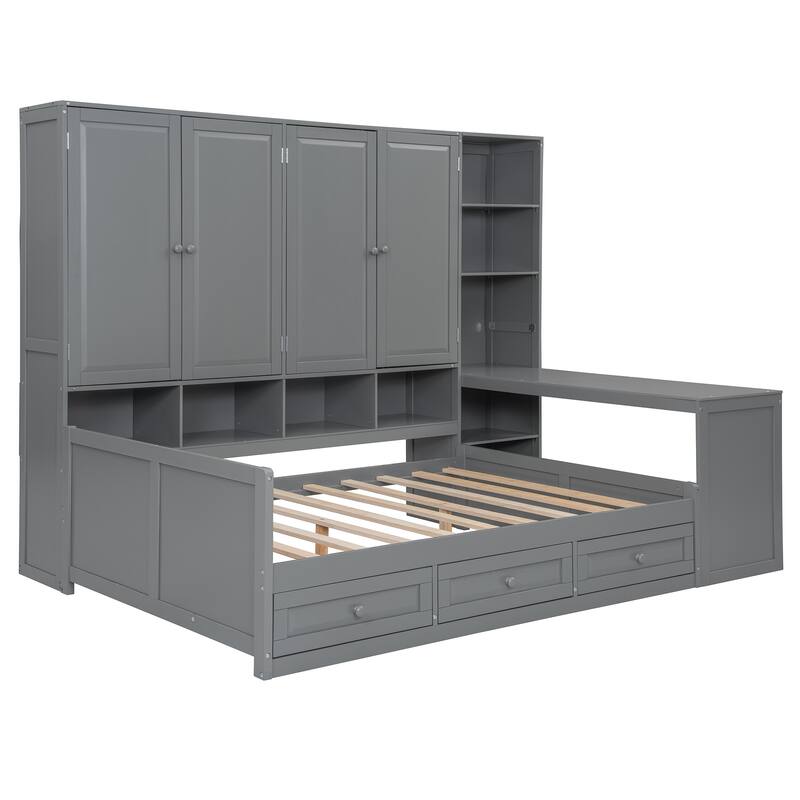 Wooden Daybed Frame All-in-One Bookcase Captains Bed with Storage Cabinet, Wardrobe, Side Writing Desk and 3 Bottom Drawers