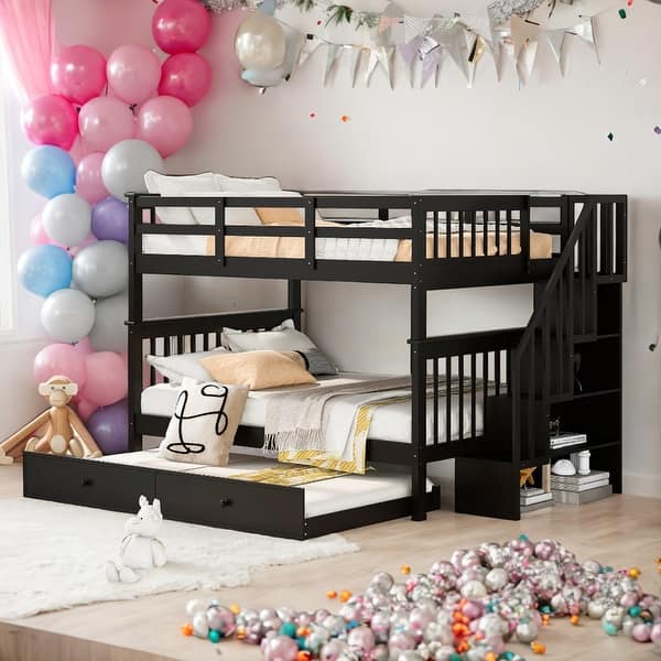slide 2 of 15, Modern Full Over Full Bunk Bed With Twin size Trundle,Storage and Guard Rail,Solid Construction