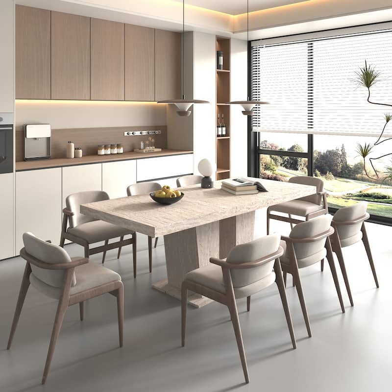 Extendable Dining Table Meeting Table, Wood Kitchen Table for 6-10, Large Office Table with Veined Travertine Pattern - Beige