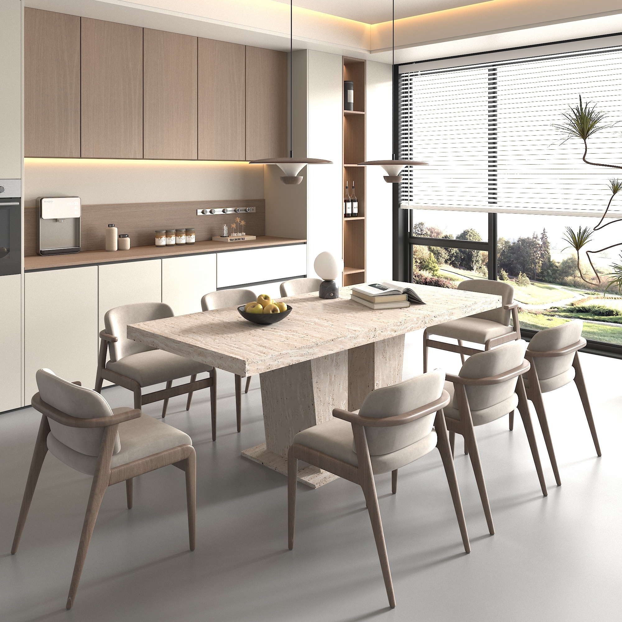 Extendable Dining Table Meeting Table, Wood Kitchen Table for 6-10, Large Office Table with Veined Travertine Pattern