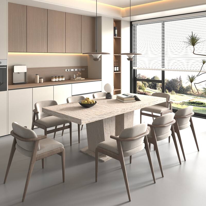 Rectangular Extendable Dining Table, Suitable for 6-10 People, with Veined Travertine Pattern, Dimensions 160-200 cm - Beige