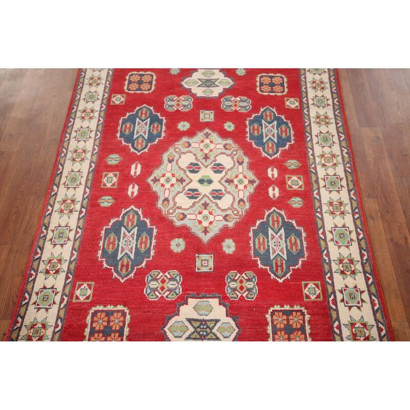Geometric Red Kazak Accent Rug Hand-Knotted Bedroom Wool Carpet - 3'10" x 5'10"
