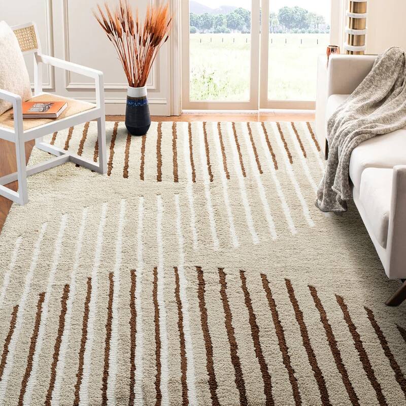 Glitzhome Modern Geometric Abstract Pattern High-Low Shag Area Rugs - 5' x 8' - Striped Textured Shag