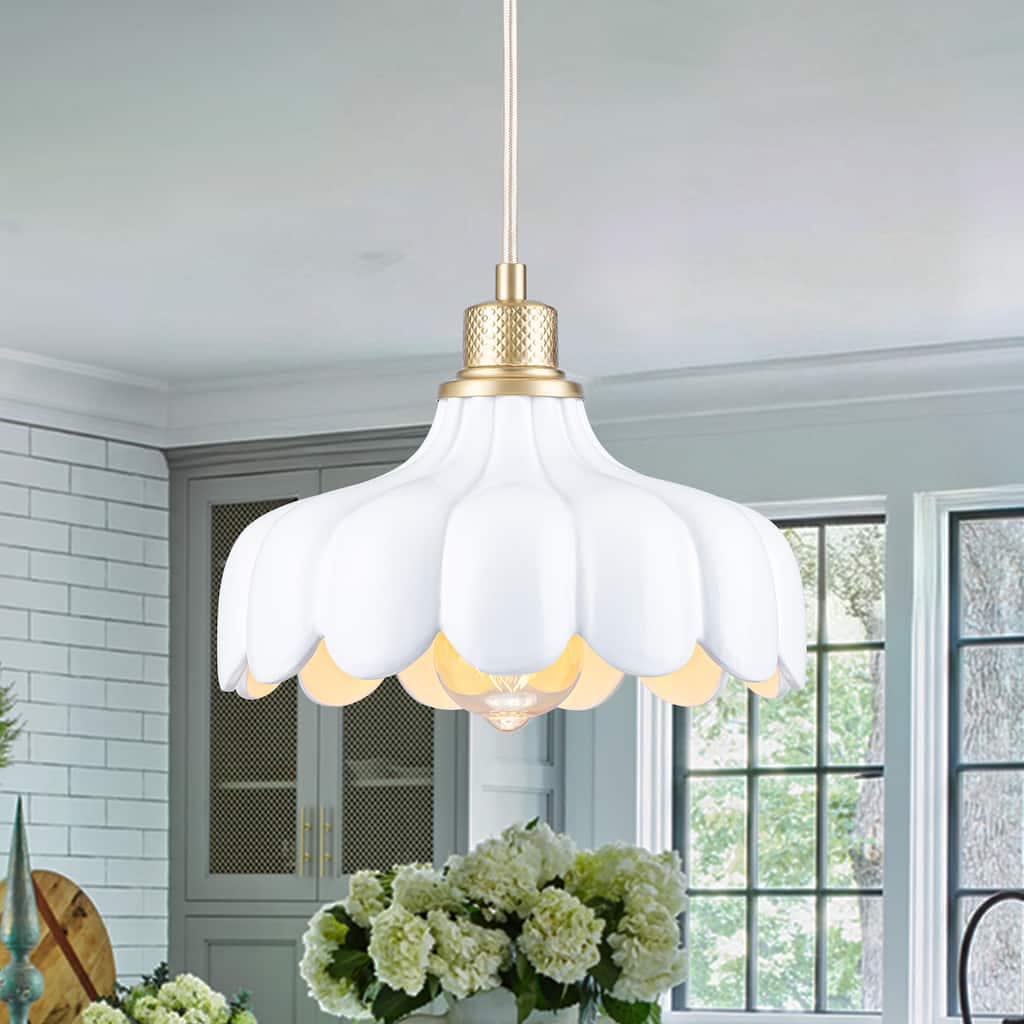Modern Brushed Gold Pendant Light with Ceramic Flower Shade Fixture - Dia.10-in