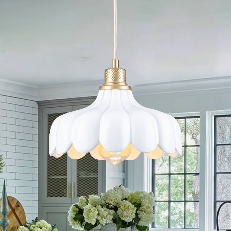 Modern Brushed Gold Pendant Light with Ceramic Flower Shade Fixture - Dia.10-in - Dia.10-in