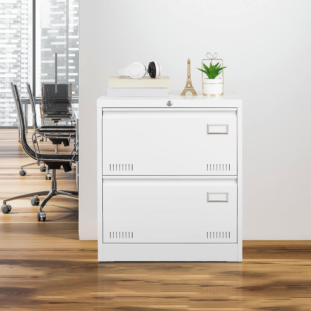 Modern Filing Cabinet Lateral Filing Cabinet, Metal Filing Cabinet with 2 Drawers and Lock, for Home Office, White
