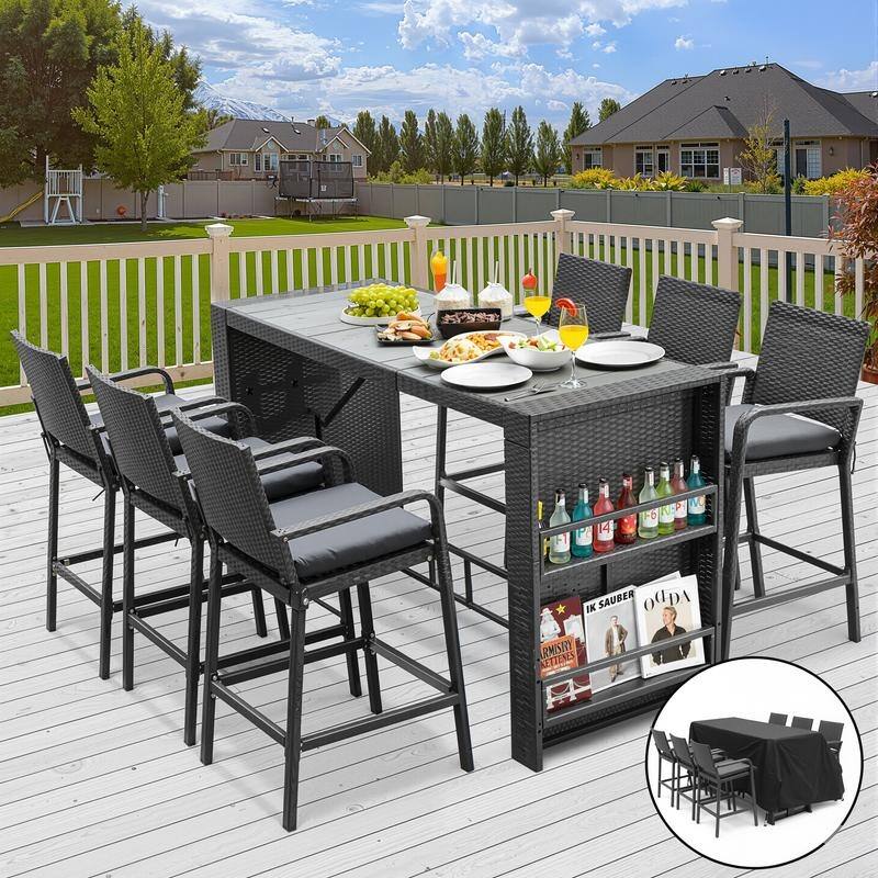 Outdoor Oversized PE Wicker Bar Height Table and Chairs, Luxury Comfy Indoor Rectangular Bar Set