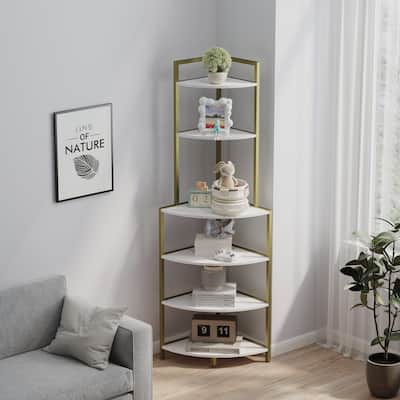 6-Tier Corner Open Shelf Bookcase Wood Rack Freestanding Shelving Unit, Plant Album Trinket Sturdy Stand Small Bookshelf