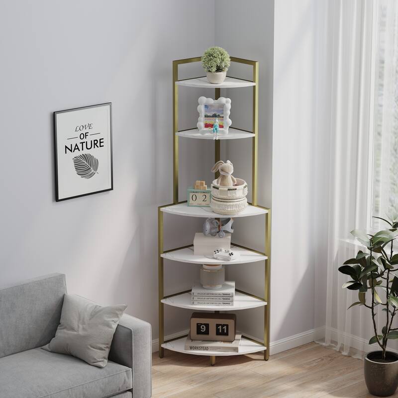 6-Tier Corner Open Shelf Bookcase Wood Rack Freestanding Shelving Unit,Plant Album Trinket Sturdy Stand Small Bookshelf - Gold