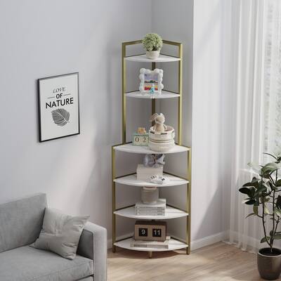 6-Tier Corner Open Shelf Bookcase Wood Rack Freestanding Shelving Unit,Plant Album Trinket Sturdy Stand Small Bookshelf
