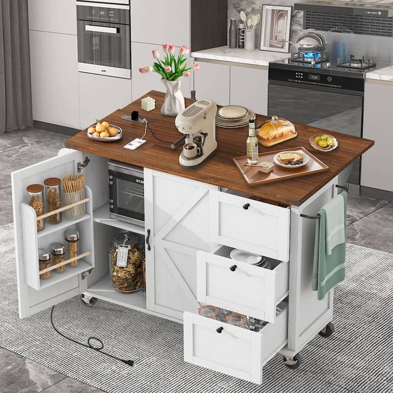 54.5-inch Farmhouse Kitchen Island with Rolling Kitchen Cart on Wheels, Folding Breakfast Bar with Electrical Outle-White/Black